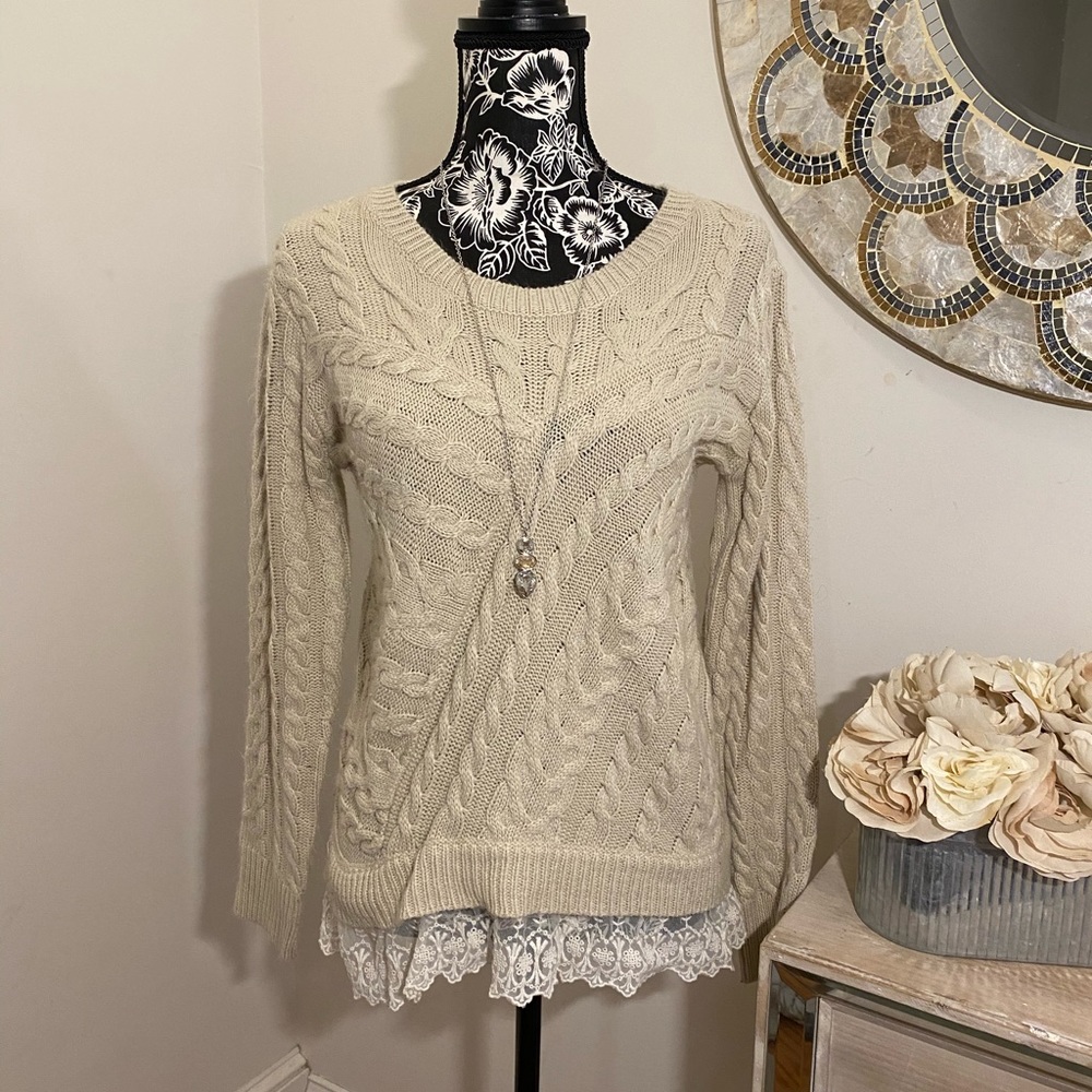 EUC Large Monteau cable sweater with sheer lace